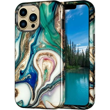 CASEFIV for iPhone 13 Pro Max Case,Marble Pattern Heavy Duty Shockproof Full Body Protective Phone Cover for Women Girls,Blue/Drift Sand