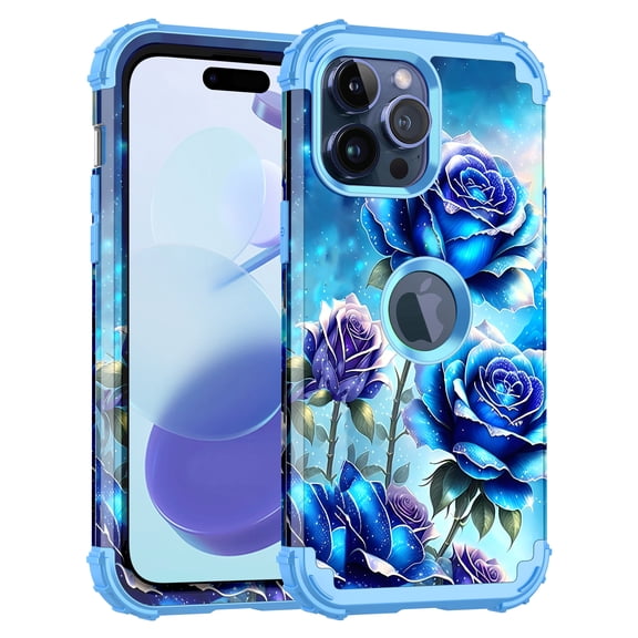 CASEFIV for iPhone 15 Pro Case,Glow in The Dark Three Layer Heavy Duty Shockproof Protective Case for iPhone 15 Pro 6.1 inch,Blue Rose