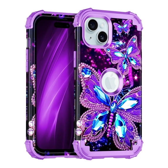 CASEFIV for iPhone 15 Pro Case,Glow in The Dark Three Layer Heavy Duty Shockproof Protective Case for iPhone 15 Pro 6.1 inch,Dark Butterfly