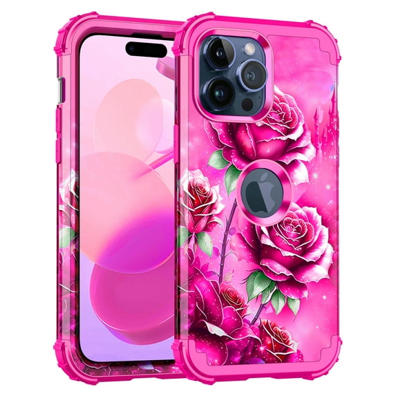 CASEFIV for iPhone 15 Pro Case,Glow in The Dark Three Layer Heavy Duty Shockproof Protective Case for iPhone 15 Pro 6.1 inch,Pink Rose