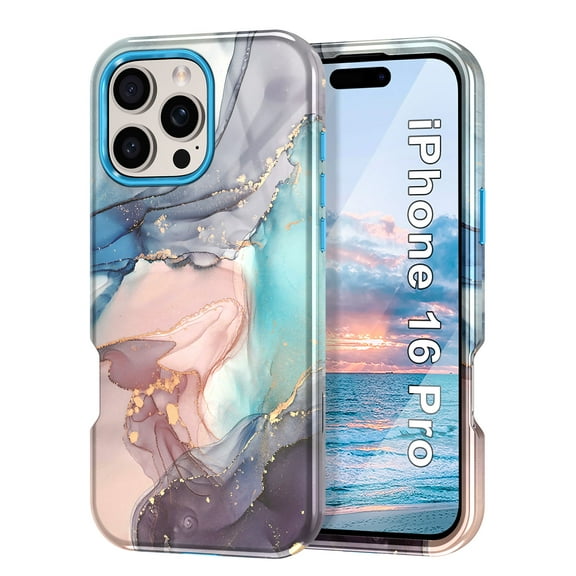 CASEFIV for iPhone 16 Pro Case,Marble Pattern 3 in 1 Heavy Duty Shockproof Rugged Hard PC+Soft Silicone Drop Protective Girls Women Cover,Blue
