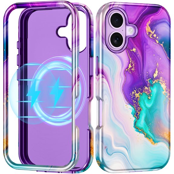 CASEFIV for iPhone 17 Case,Compatible with Mag-Safe,Slim Shockproof Rugged Marble 6.3 inch Phone Case for Women Girls,Purple Blue