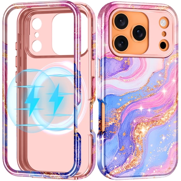 CASEFIV for iPhone 17 Pro Case,Compatible with Mag-Safe,Slim Shockproof Rugged Marble 6.3 inch Phone Case for Women Girls,Purple Pink