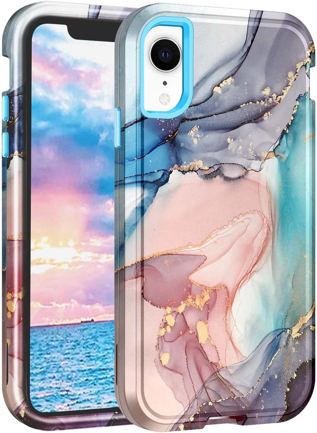 CASEFIV for iPhone XR Case,Heavy Duty Marble Pattern Shockproof