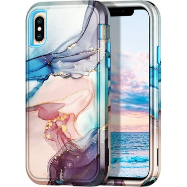 CASEFIV for iPhone Xs Max Case,Marble Pattern Heavy Duty Shockproof Full Body Protective Phone Cover for Women Girls ,Blue Gray