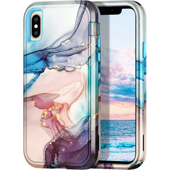 CASEFIV for iPhone Xs Max Case,Marble Pattern Heavy Duty Shockproof Full Body Protective Phone Cover for Women Girls ,Blue Gray