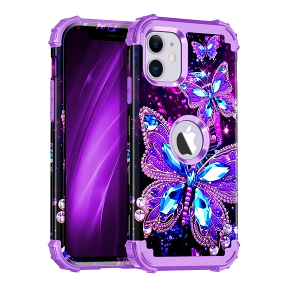 CASEFIV for iPhone 11 Case,Shiny in The Dark Three Layer Heavy Duty Shockproof Protection Hard Plastic Bumper +Soft Silicone Rubber Protective Case 6.1 inch,Purple Butterfly