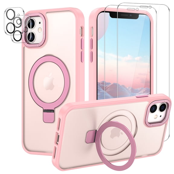 CASEFIV for iPhone 11 Case,with Magnetic Invisible Stand [Military Drop Protection] [Compatible with MagSafe] Shockproof Slim Translucent Anti-Slip with 2 Screen Protector+2 Lens Protector,Pink