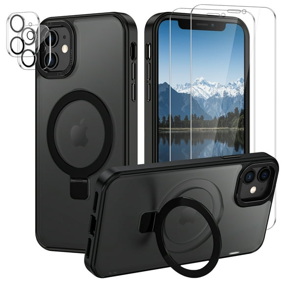 CASEFIV for iPhone 11 Case,with Magnetic Invisible Stand [Military Drop Protection] [Compatible with MagSafe] Shockproof Slim Translucent Anti-Slip with 2 Screen Protector+2 Lens Protector,Black