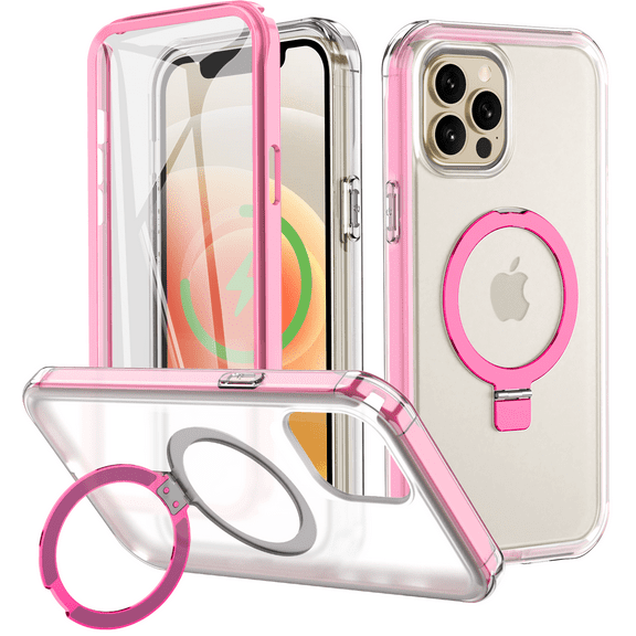 CASEFIV for iPhone 12 Pro Max Case with Magnetic Invisible Stand [Compatible with MagSafe] Built-in Screen Protector Military Drop Protection Shockproof Slim Translucent Case Cover, Rose Red