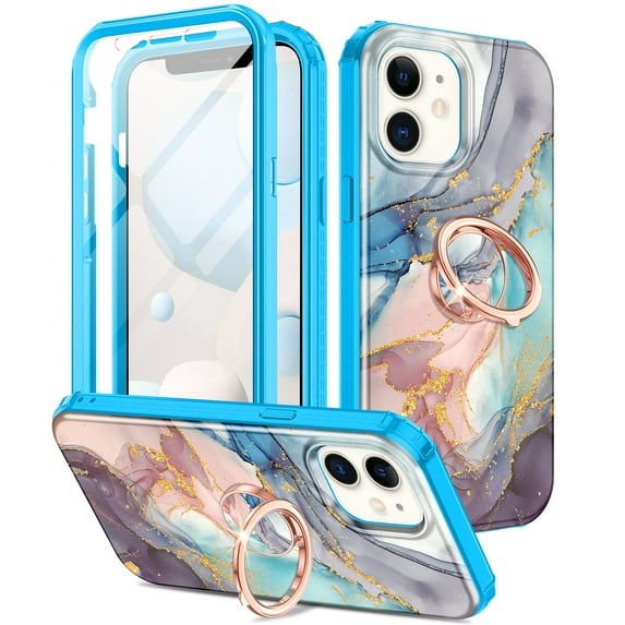 CASEFIV for iPhone 12/iPhone 12 Pro Case 6.1 Inch,Built-in Screen Protector with 360° Ring Holder Kickstand,Full Body Dual Layer Rugged Shockproof Protective Case,Blue