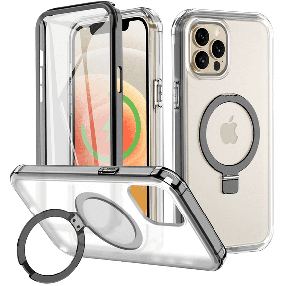 CASEFIV for iPhone 13 Pro Case with Magnetic Invisible Stand [Compatible with MagSafe] Built-in Screen Protector Military Drop Protection Shockproof Slim Translucent Case Cover, Black