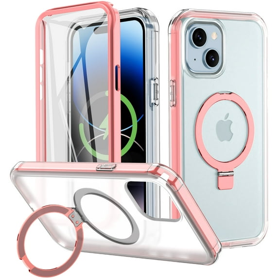CASEFIV for iPhone 14 Case, iPhone 13 Case with Magnetic Invisible Stand [Compatible with MagSafe] Built-in Screen Protector Military Drop Protection Shockproof Slim Translucent Case Cover, Pink