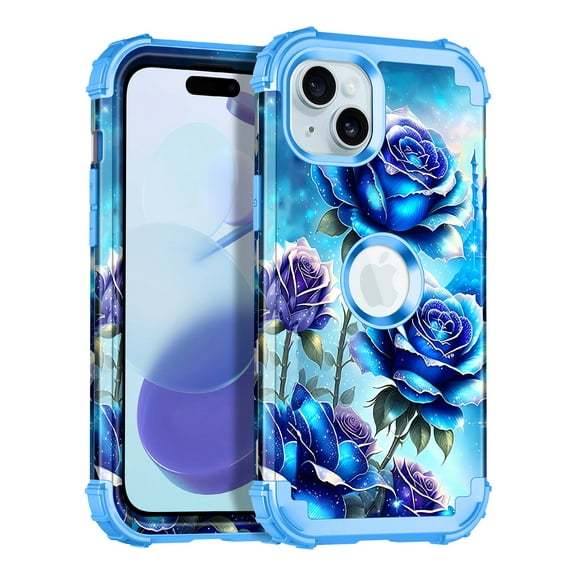 CASEFIV for iPhone 15 Plus Case,Glow in The Dark Three Layer Heavy Duty Sturdy Shockproof Protection Rugged Hard PC+Soft TPU Bumper Case for Women Girls,Blue Rose