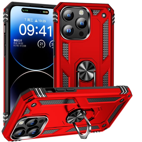 CASEFIV iPhone 15 Pro Case,Rugged Military Grade Anti-Fall Shockproof Heavy Duty Protective Phone Case with Kickstand Magnetic Ring Stand Full Body Case for Boys Mens,Red
