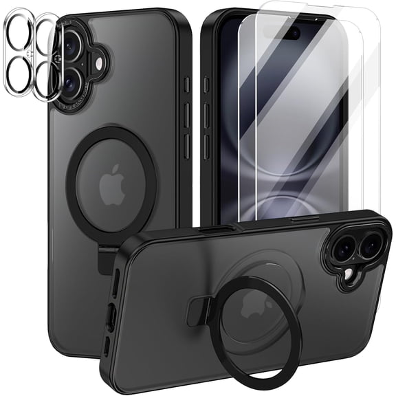 CASEFIV for iPhone 16 Case,with Magnetic Invisible Stand [Military Drop Protection] [Compatible with MagSafe] Shockproof Slim Translucent Case with 2 Screen Protector+2 Lens Protector,Black
