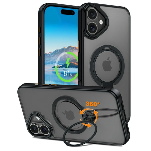 CASEFIV for iPhone 16 Plus Case,360° Rotatable Ring Holder Kickstand,Compatible with Magsafe, Slim Shockproof Translucent Matte Hard Back Soft Edge Anti-Fingerprint,Black