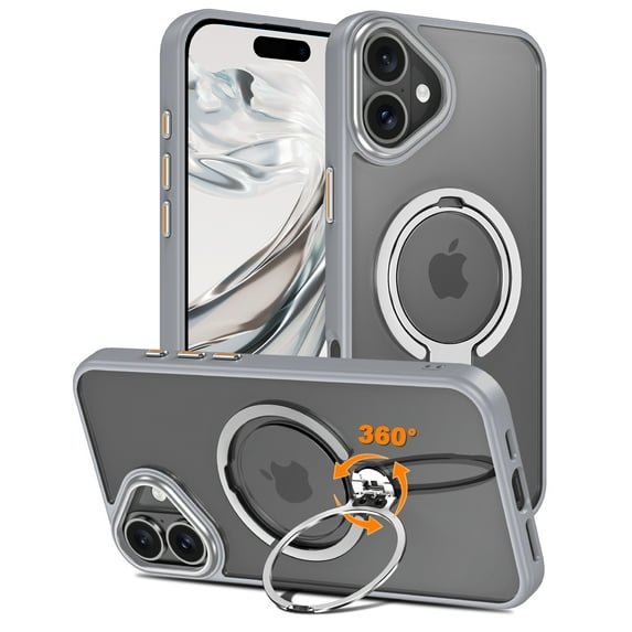 CASEFIV for iPhone 16 Plus Case,360° Rotatable Ring Holder Kickstand,Compatible with Magsafe, Slim Shockproof Translucent Matte Hard Back Soft Edge Anti-Fingerprint,Gray
