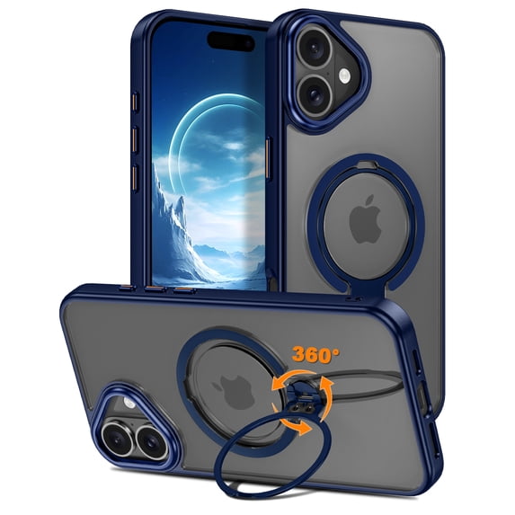 CASEFIV for iPhone 16 Plus Case,360° Rotatable Ring Holder Kickstand,Compatible with Magsafe, Slim Shockproof Translucent Matte Hard Back Soft Edge Anti-Fingerprint,Blue