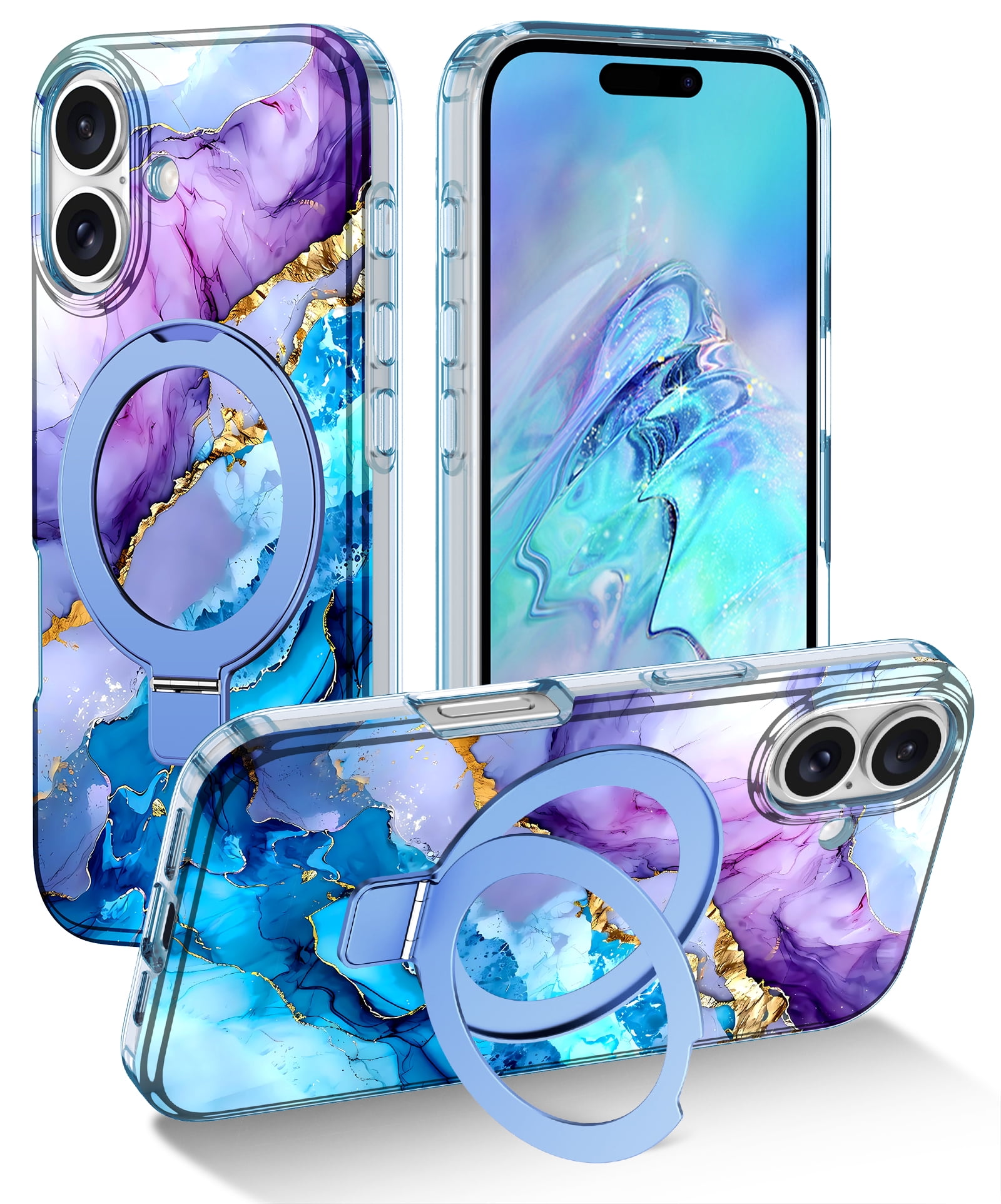 CASEFIV for iPhone 16 Plus Case,with Magnetic Invisible Ring Stand [Compatible with MagSafe],Full Body Rugged Slim Women Men Girl Shockproof Marble Pattern Design Case,Blue
