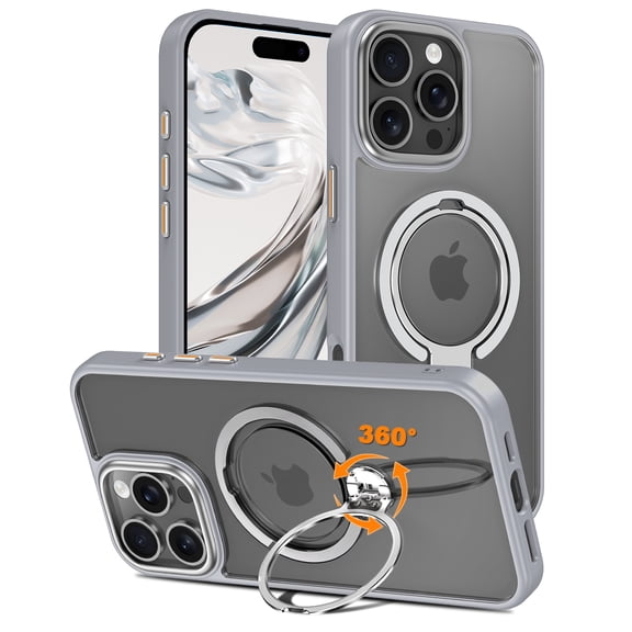 CASEFIV for iPhone 16 Pro Max Case,360° Rotatable Ring Holder Kickstand,Compatible with Magsafe, Slim Shockproof Translucent Matte Hard Back Soft Edge Anti-Fingerprint,Gray