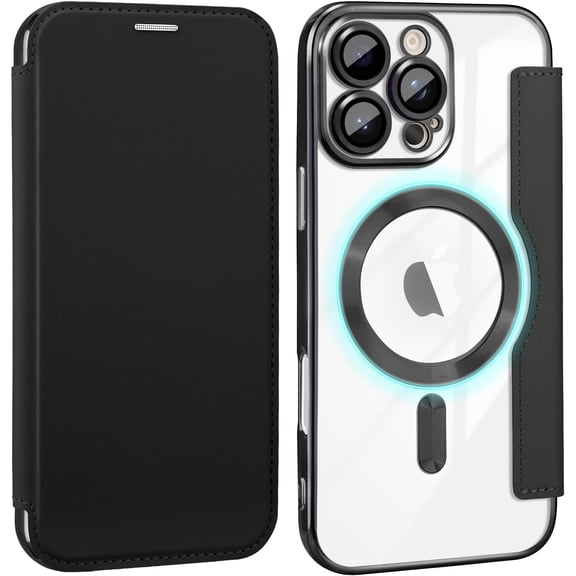 CASEFIV for iPhone 16 Pro Max Case,Compatible with Magsafe,Slim Fit Flip Protective PU Leather Wallet Case with RFID Blocking Card Slot Build-in Len Protector,Black