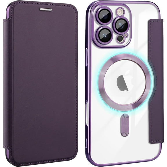 CASEFIV for iPhone 16 Pro Max Case,Compatible with Magsafe,Slim Fit Flip Protective PU Leather Wallet Case with RFID Blocking Card Slot Build-in Len Protector,Purple