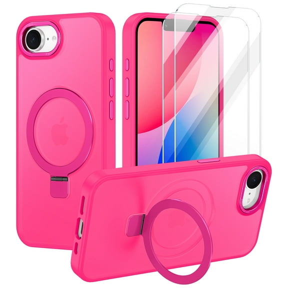 CASEFIV for iPhone 16e Case,with Magnetic Invisible Stand [Military Drop Protection] [Compatible with MagSafe] Shockproof Slim Translucent Anti-Slip,Rose Red