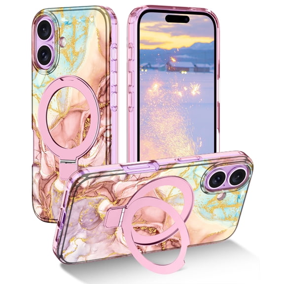 CASEFIV for iPhone 17 Case with Magnetic Invisible Ring Stand [Compatible with Mag-Safe], Full Body Rugged Slim Shockproof Marble Pattern Design Casefor Women Men Girls, Rose Gold