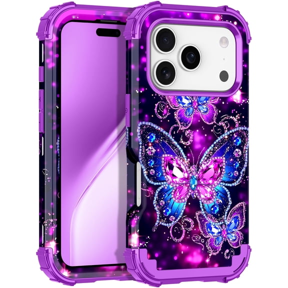 CASEFIV for iPhone 17 Pro Case,Glow in The Dark Heavy Duty Shockproof Protection Hard Plastic Bumper +Soft Silicone Rubber Protective Case for iPhone 17 Pro 6.3 inch,Purple Butterfly