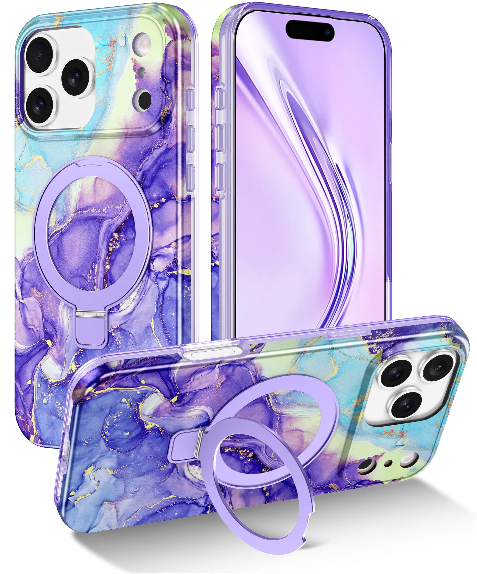 CASEFIV for iPhone 17 Pro Case with Magnetic Invisible Ring Stand [Compatible with Mag-Safe],Full Body Rugged Slim Shockproof Marble Pattern Design Casefor Women Men Girls,Violet