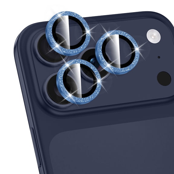 CASEFIV for iPhone 17 Pro,iPhone 17 Pro Max Camera Lens Protector,Individual Metal Ring Tempered Glass Lens Cover, [Strong Adsorption] Scratch Resistant-Thin HD Clear Lens Cover,1 Set-Blue Sparkly