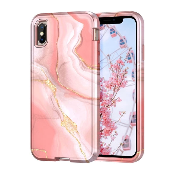 CASEFIV for iPhone Xs Max Case,Marble Pattern 3 in 1 Heavy Duty Shockproof Full Body Rugged Hard PC+Soft Silicone Drop Protective Phone Cover Women Girls,Pink White