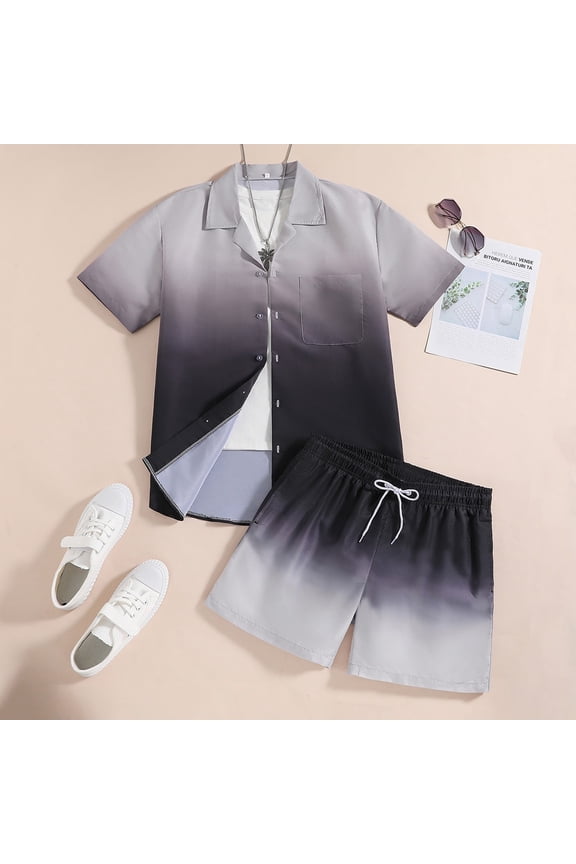 Men's 2 Pieces Summer Outfits Casual Gradient Lapel Short Sleeve Button Up Shirt & Shorts Set for Summer Outdoor Activities, Black Gray M
