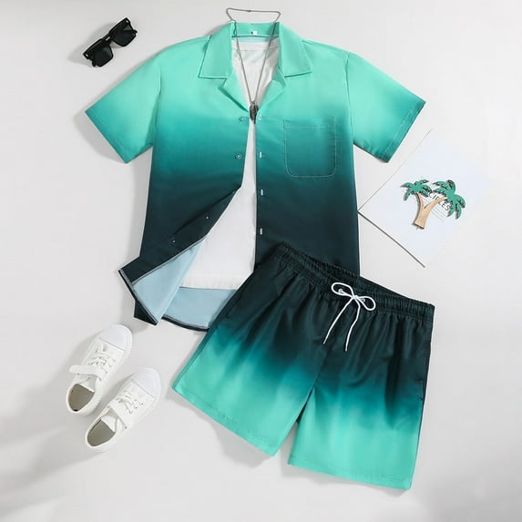CASELAND Men's 2 Pieces Summer Outfits Casual Gradient Lapel Short Sleeve Button Up Shirt & Shorts Set for Summer Outdoor Activities, Black Green XL