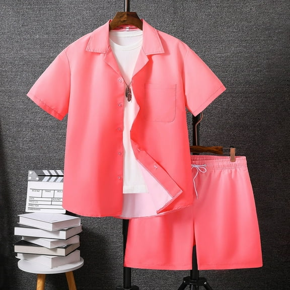 CASELAND Men's 2 Pieces Summer Outfits Casual Gradient Lapel Short Sleeve Button Up Shirt & Shorts Set for Summer Outdoor Activities, Pink M