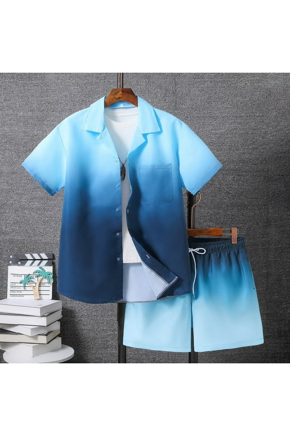 Men's 2 Pieces Summer Outfits Casual Gradient Lapel Short Sleeve Button Up Shirt & Shorts Set for Summer Outdoor Activities