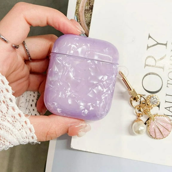 CASELIX AirPods Case with Pearl Keychain Shell Pattern Cute Girls Woman Case for Airpods Cases- Purple Pearl