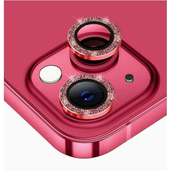 CASELIX Camera lens protector for iPhone 14, Glitter Pink Metal Tempered glass circle Screen Camera Protection for iPhone 14 (Red Glitter)