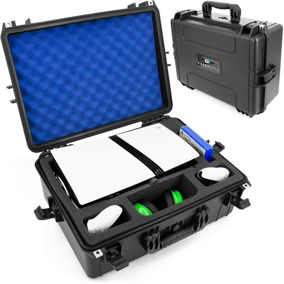 CASEMATIX Carry Case for PlayStation 5 Pro & Disc Drive - Waterproof, Custom Foam for Console, Controllers and More