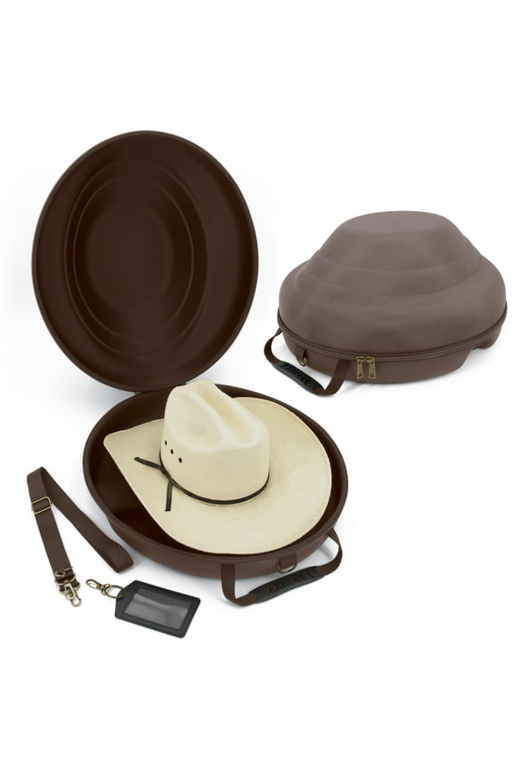 Cowboy Hat Box and Portable Cowboy Hat Storage for Brims Up To 4.75" - Hard Shell Cowboy Hat Case with FoambInsert for Dipping Brims, Brown