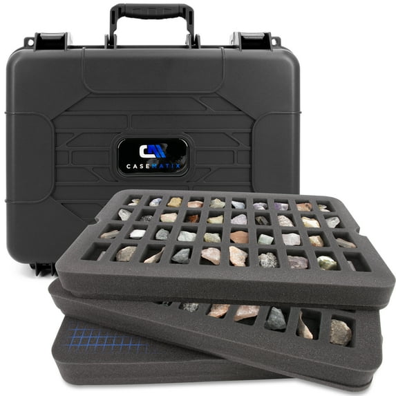 CASEMATIX Crystal Storage Case Hard Shell Gemstone Organizer with 80 Slot Foam and Customizable Pluck Foam for Minerals, Specimens, Geodes and Healing Tools