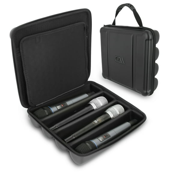 CASEMATIX Hard Shell Mic Case for 4 Wireless Microphones  Fits Sennheiser, Shure & More, Durable Travel Storage with Lid Pouch & Carry Handle