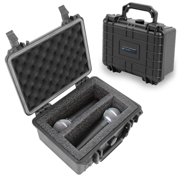 CASEMATIX Hard Shell Microphone Travel Case Fits Two Shure SM58 and Other Handheld Vocal Microphones Dual Mic Carrying Case