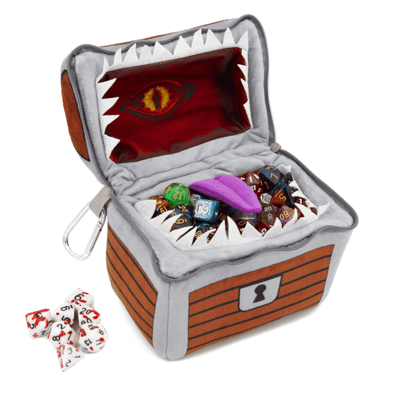 CASEMATIX Mimic Dice Chest with 7 RPG Dice - Plush DnD Mimic Chest Dice Holder
