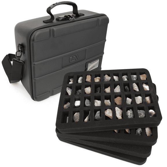 CASEMATIX Rock Collection Travel Case with Lock - 144 Slot Rock Collection Box with 4 Foam Trays - Crystal Storage Travel Case