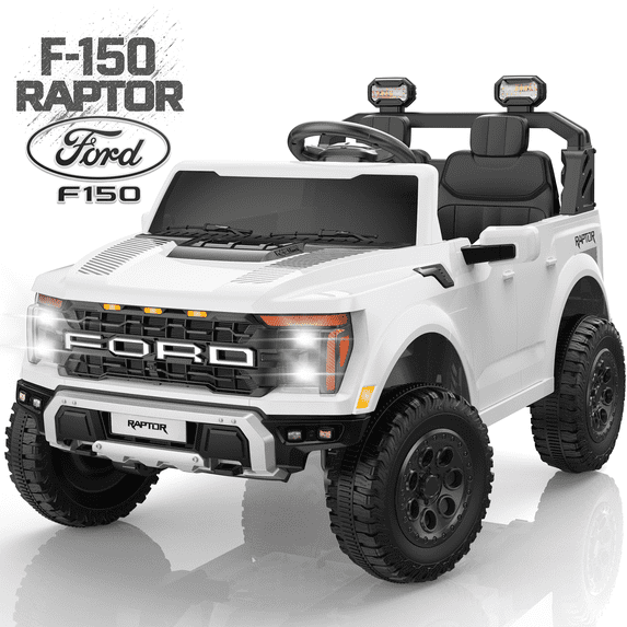 Conchico 24V Licensed Ford F150 Raptor Battery Powered Ride on Truck with Remote Control, 2-Seater and Rear Trunk for Toddlers Kids Ages 3-8 Gift, White