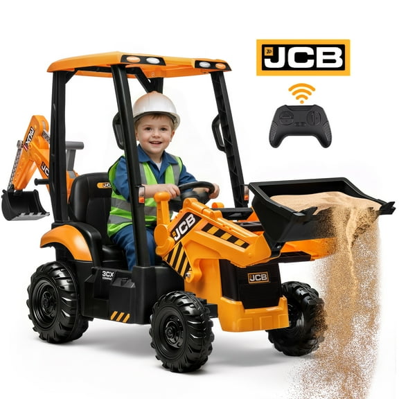 CASEMIOL 24V Kids Ride on Excavator & Bulldozer with Remote Control, Licensed JCB 3-in-1 Electric Car with Loader Backhoe Digger, Battery Powered Ride on Toy for Boys & Girls, Music Player, Yellow