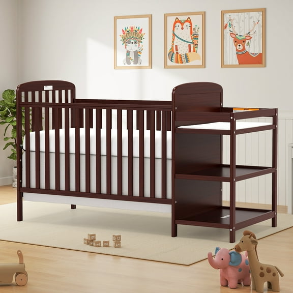 CASEMIOL Baby Crib with Changing Table 3 in 1, New Zealand Pinewood Cribs Convertible to Toddler Daybed Bed, Non-Toxic Finish, Easy to Assemble, Espresso