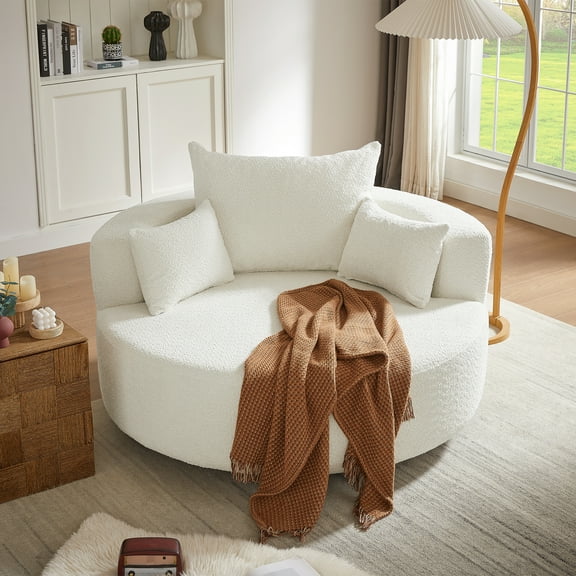 CASEMIOL 360° Swivel Accent Chair for Living Room, Modern Accent Chairs with 3 Removable Pillows, Round Barrel Sofa Chair with 36.5" Seat Depth, Comfy Reading Chair, Beige